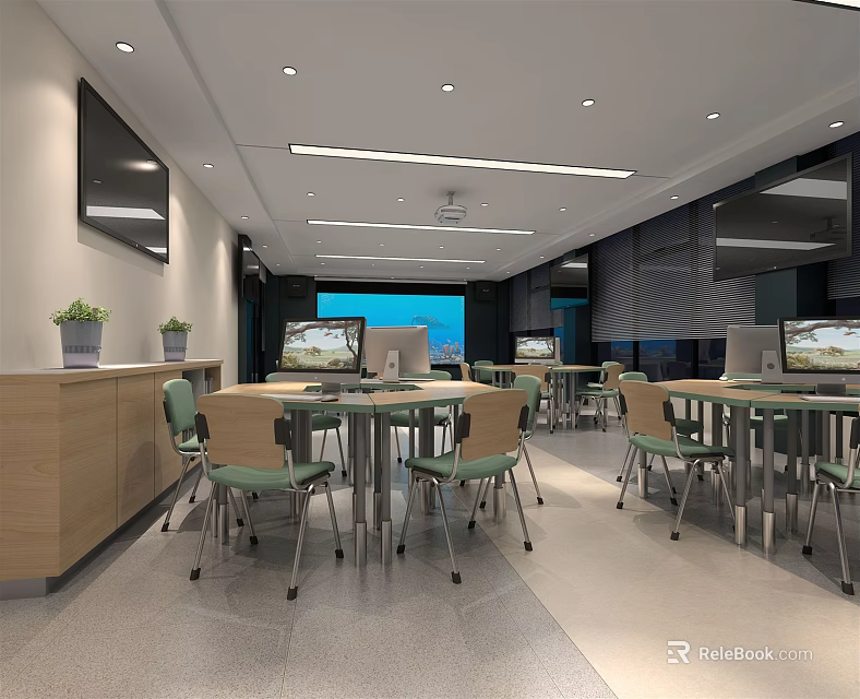 School Modern Learning Classroom With Computer Stations Tables Chairs Plants And Large Screen 3d model