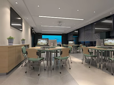 School Modern Learning Classroom With Computer Stations Tables Chairs Plants And Large Screen 3d model
