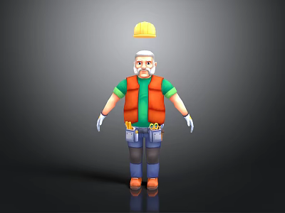 Cartoon Construction Worker With Yellow Hard Hat White Beard Green Shirt Orange Vest Tool Belt 3d model