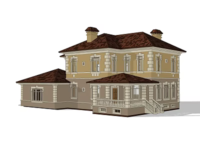Elegant Detached House Exterior Design With Tiled Roof Yellow Facade And Front Porch 3d model