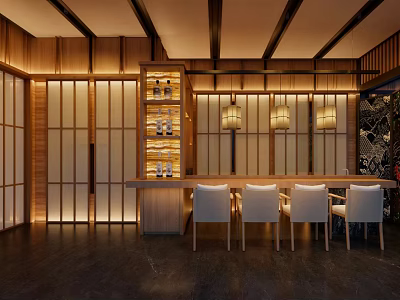 Elegant Japanese Restaurant Interior With Wooden Shoji Doors Bar Counter And Warm Lighting 3d model