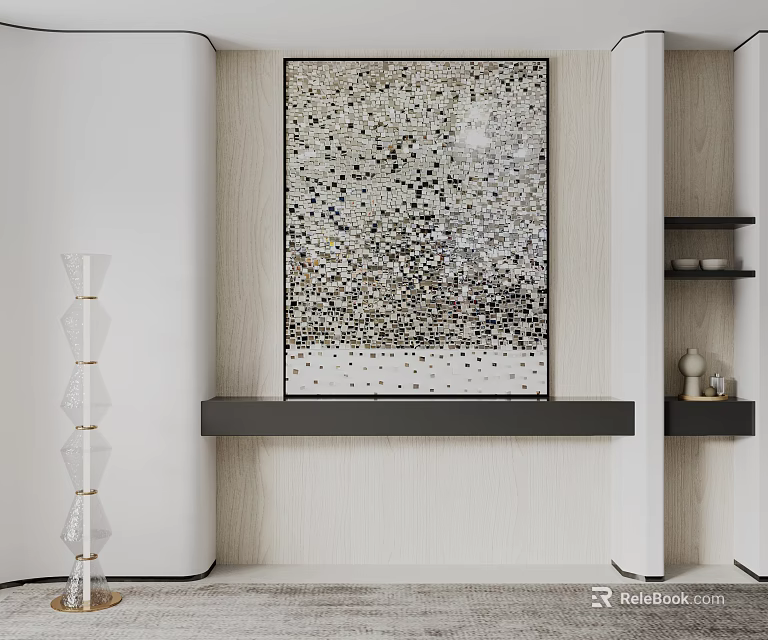 Modern Interior With Large Mosaic Wall Art Black Shelf And Decorative Elements 3d model