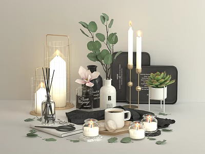Cozy Tableware Set With Candles Green Plants Mug And Trays 3d model