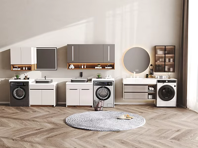 Modern Bathroom Cabinetry Design With Washing Machine Round Mirror And Storage Cabinets 3d model