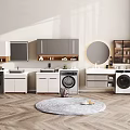 Modern Bathroom Cabinetry Design With Washing Machine Round Mirror And Storage Cabinets