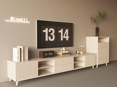 White TV Stand Featuring Books Small Clock And Decorations Near Wall TV 3d model
