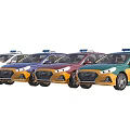 Multiple Colorful Taxi Cars With Roof Lights In Different Hues And Modern Design