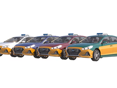 Multiple Colorful Taxi Cars With Roof Lights In Different Hues And Modern Design 3d model