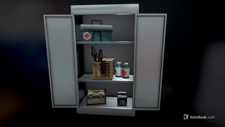 Open Metal Medical Equipment Cabinet with First Aid Kit Instrument Case and Bottles 3d model 
