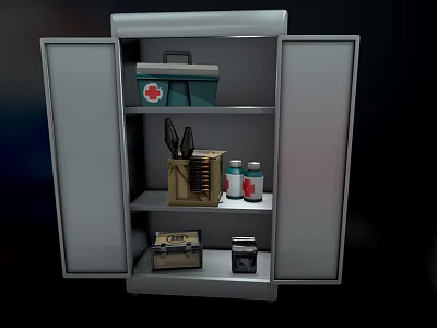 Open Metal Medical Equipment Cabinet with First Aid Kit Instrument Case and Bottles 3d model