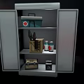 Open Metal Medical Equipment Cabinet with First Aid Kit Instrument Case and Bottles