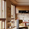 Cozy Restaurant Interior With Wooden Cabinets Stone Accent Wall Red Dining Table Colorful Chairs And Pendant Light