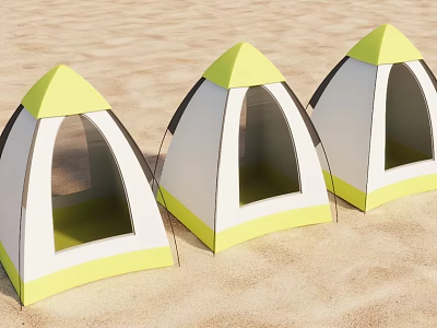 Three Small White And Yellow Tents With Yellow Roofs On Sandy Ground 3d model