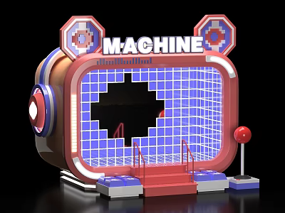 Retro Arcade Machine With Vibrant Grid Screen Red Joystick And Decorative Panels Plus Steps 3d model