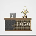 Modern Interior Reception Desk With Stone Texture Logo Tablet And Yellow Flowers