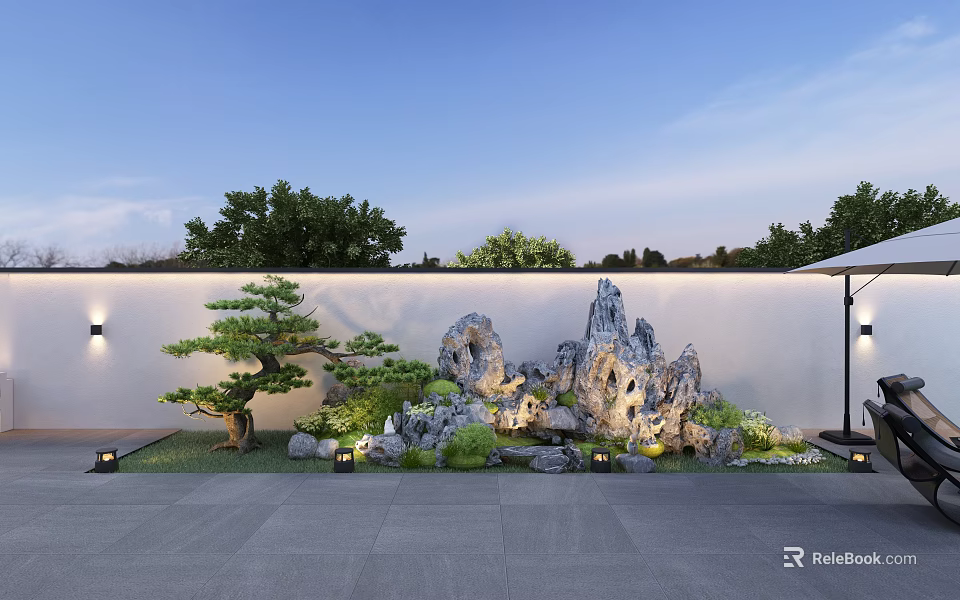 Serene Courtyard Garden Design With Rockery Pine Tree Lighting And White Wall 3d model 