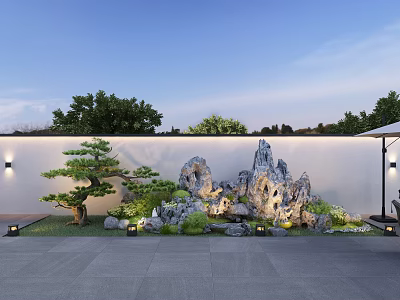 Serene Courtyard Garden Design With Rockery Pine Tree Lighting And White Wall 3d model