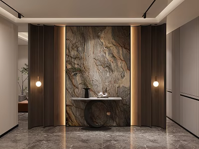 Modern Entryway Hallway Design With Marble Feature Wall Wooden Panels Recessed Lighting And Round Console Table 3d model