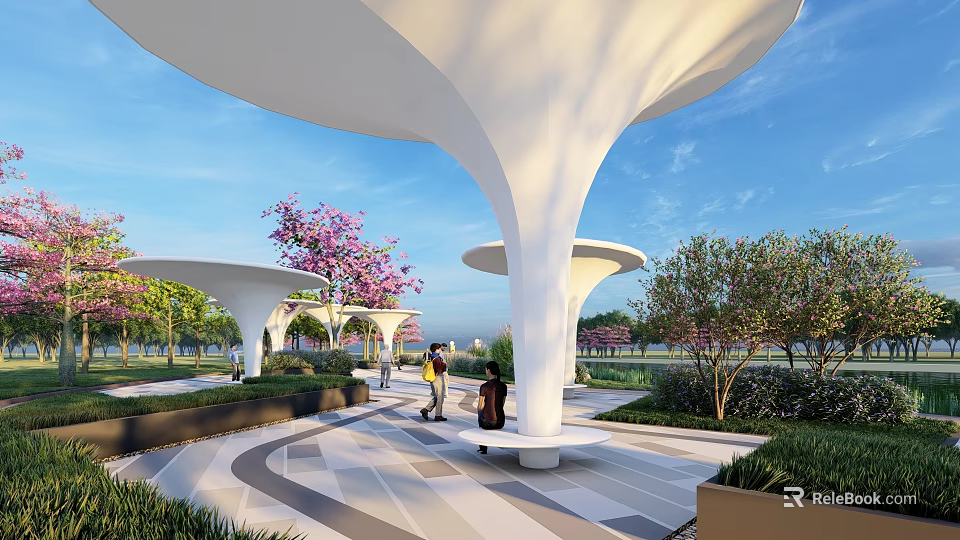 Waterfront Landscape Featuring White Umbrella Like Structures People Pink Flowering Trees Benches And Geometric Paving 3d model 