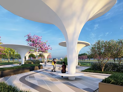 Waterfront Landscape Featuring White Umbrella Like Structures People Pink Flowering Trees Benches And Geometric Paving 3d model