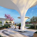 Waterfront Landscape Featuring White Umbrella Like Structures People Pink Flowering Trees Benches And Geometric Paving