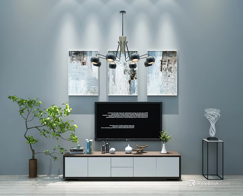 Modern TV Stand With Flat Screen TV Decorative Items Wall Art And Pendant Light 3d model 