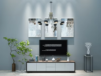 Modern TV Stand With Flat Screen TV Decorative Items Wall Art And Pendant Light 3d model