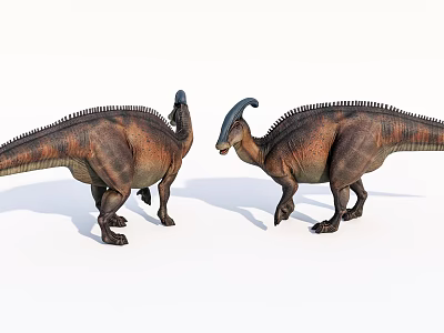 Reptilian Dinosaurs With Long Necks Spiked Backs Brown Green Patterns Standing Face To Face 3d model