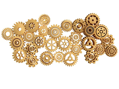 Golden Interlocking Gears Mechanical Parts Set With Various Sizes And Designs 3d model