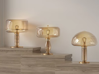 Three Decorative Table Lamps With Amber Glass Shades And Golden Metal Bases On Wooden Steps 3d model