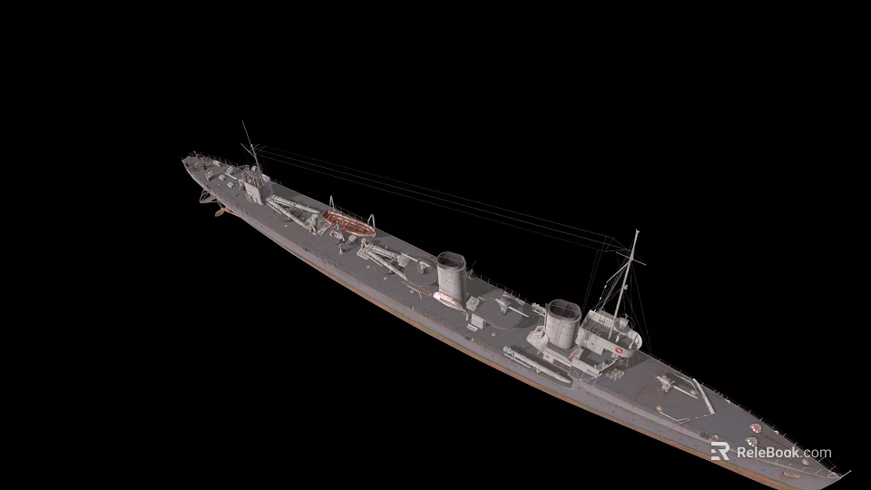 Warship 3D Model With Gray Exterior Two Funnels And Deck Equipment On Black Background 3d model 