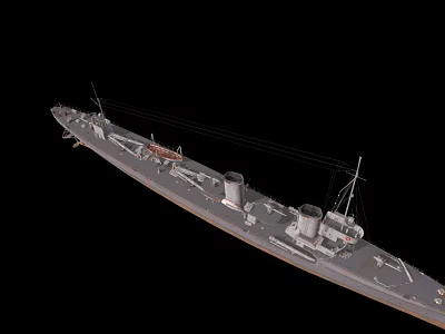 Warship 3D Model With Gray Exterior Two Funnels And Deck Equipment On Black Background 3d model