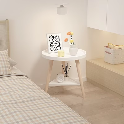 Round White Bedside Table With Wooden Legs LOVE ME Art And Orange Flowers In Vase 3d model