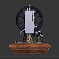 Vintage Sewing Machine As Household Item With Black Body Golden Patterns And Wooden Base