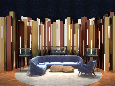 Stylish Interior With Curved Blue Sofa Accent Chair And Colorful Vertical Panel Wall 3d model