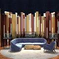 Stylish Interior With Curved Blue Sofa Accent Chair And Colorful Vertical Panel Wall