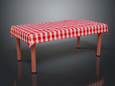 Dining Table with Red and White Checkered Tablecloth and Wooden Legs 3d model
