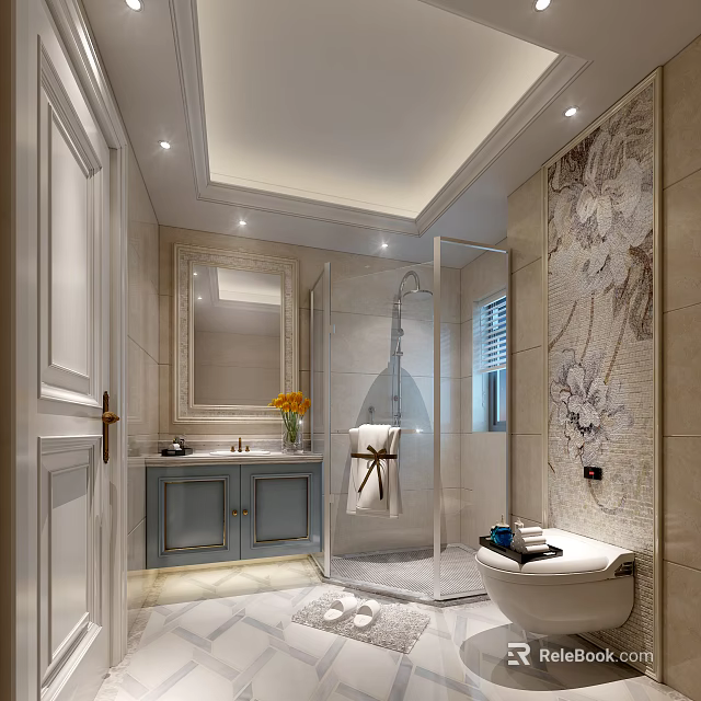 Elegant Neoclassical Bathroom With Exquisite Mosaic Wall Decor And Glass Partition For Wet Dry Separation 3d model 