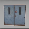 Rusted Blue Double Doors With Glass Panels Red Sign And Warning Stripes