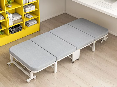 Foldable Gray Mattress Bed With Wheels In Room With Yellow Bookshelf And Wooden Floor 3d model