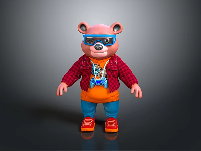 Pink Bear Character Wearing Blue Goggles Red Plaid Jacket Orange T-shirt Blue Pants And Red Shoes 3d model