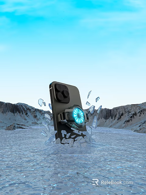 Smartphone And Smartwatch Display In Icy Landscape With Shattered Ice And Blue Dial Camera Design 3d model 
