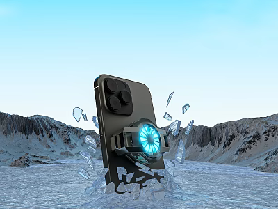 Smartphone And Smartwatch Display In Icy Landscape With Shattered Ice And Blue Dial Camera Design 3d model