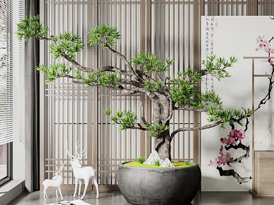 Bonsai Plant in Gray Pot with White Stones White Deer Figurine and Wooden Lattice Screen 3d model