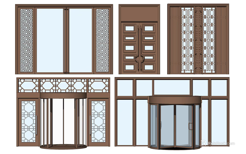 Stylish Entrance Doors Featuring Decorative Patterns Revolving Glass And Lattice Window Panels 3d model 