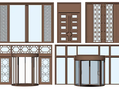 Stylish Entrance Doors Featuring Decorative Patterns Revolving Glass And Lattice Window Panels 3d model