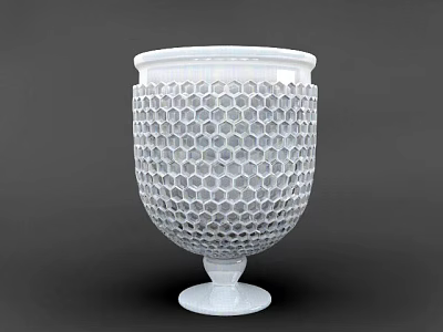 White Ceramic Vessel With Intricate Honeycomb Pattern And Pedestal Base Design 3d model