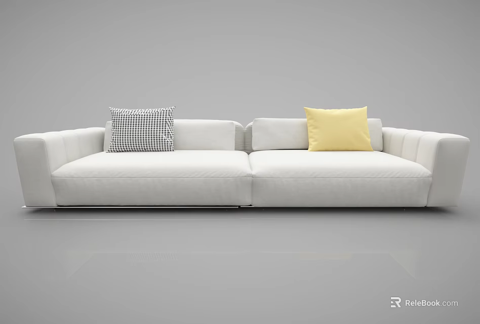 Modern White Double Sofa with Checkered and Yellow Pillows in Light Gray Setting 3d model