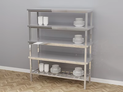 Stainless Steel Multi Tier Kitchen Utensils Storage Rack With White Cups And Plates 3d model