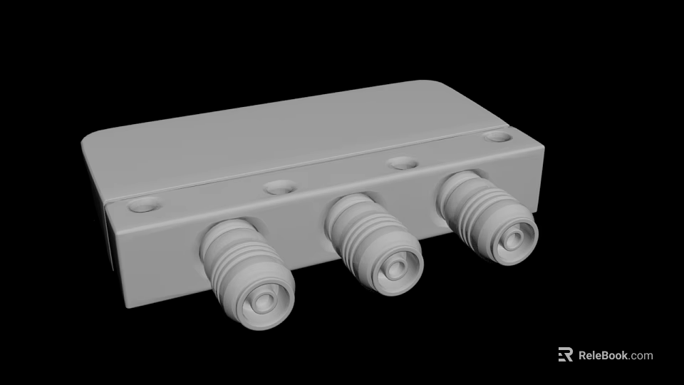 Gray Rectangular Connector Module Featuring Three Cylindrical Ports And Mounting Holes 3d model 